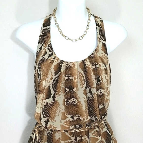 Sundress belted Python snake print lined chiffon high low Brown Tan Cream XS - Picture 2 of 13